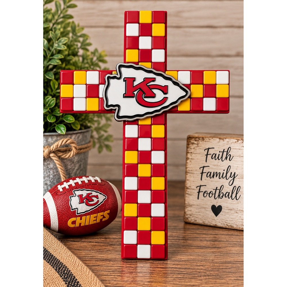 Kansas City Chiefs Handmaid Football Mosaic Cross Wall Decor Red Gold White 9"